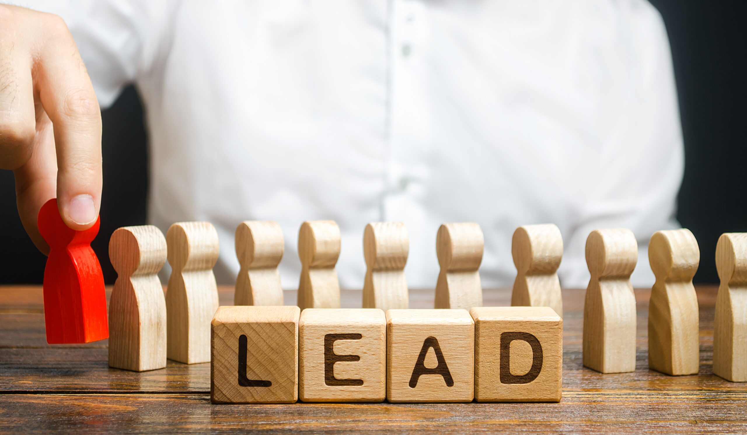Business professional demonstrating lead qualification strategy with wooden figures and leadership blocks.